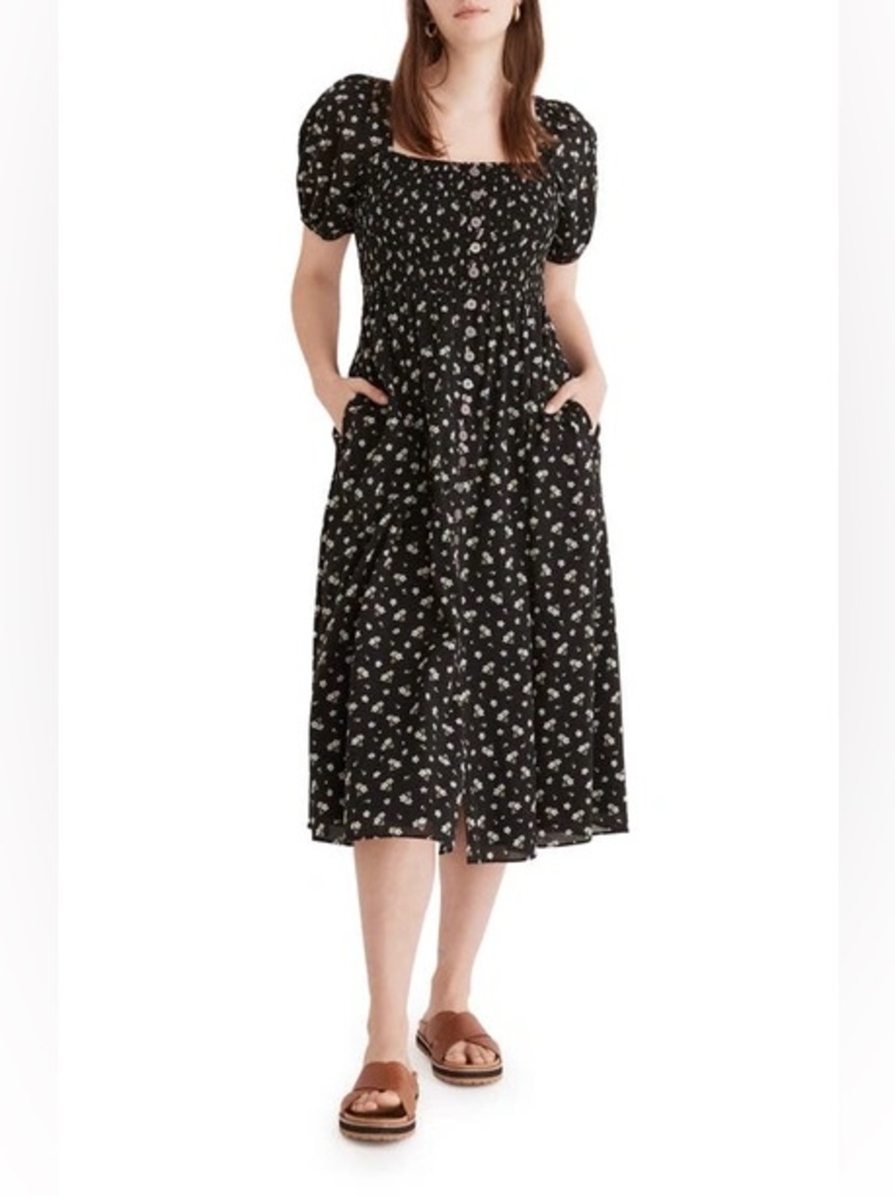 Madewell Smocked Square-Neck Midi Dress in Black Floral